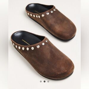 New in Box Anthropologie Studded Clogs. Size 38. Brown suede with silver studs.